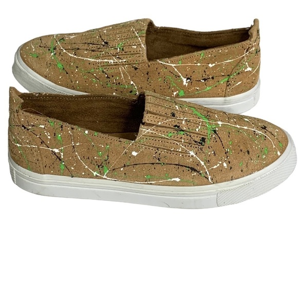 Minnetonka Beige Leather Slip On Sneaker w/ Multi Color Paint Splatter Size 6.5 - Picture 5 of 10